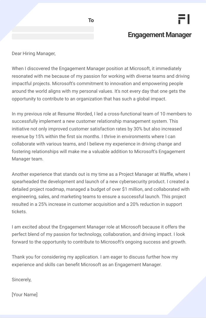 Engagement Manager Cover Letter