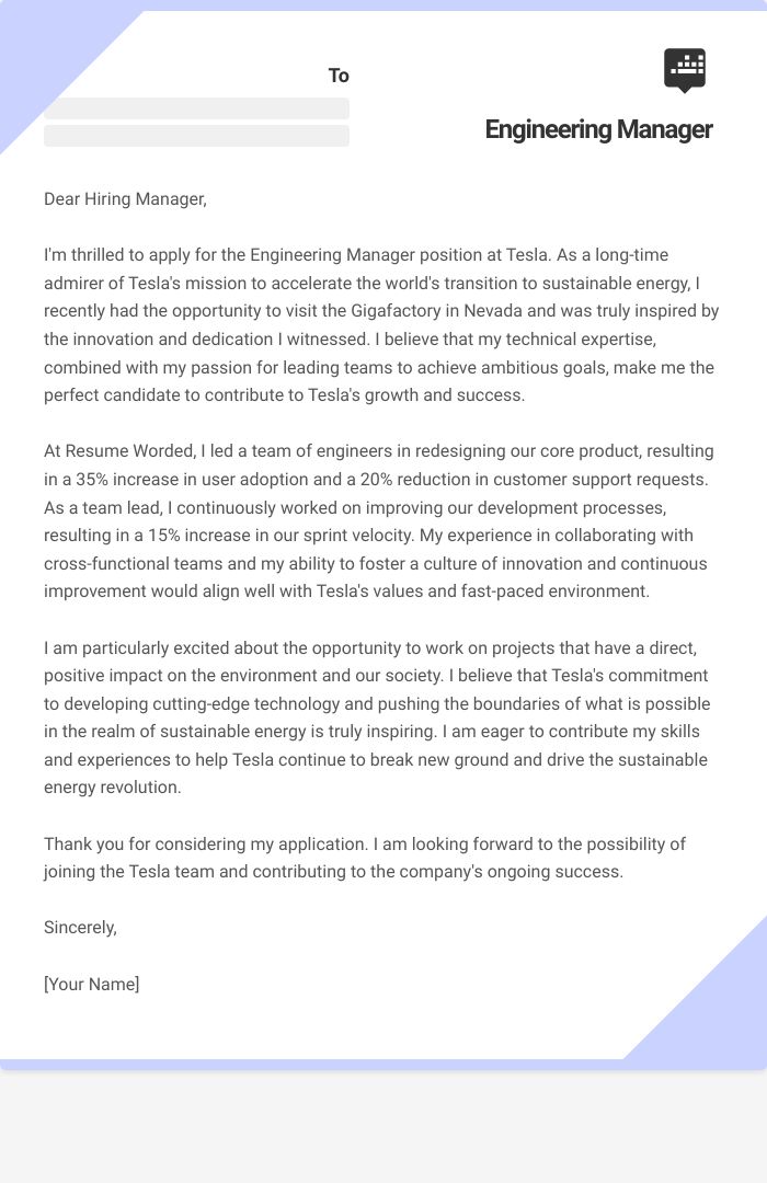 Engineering Manager Cover Letter