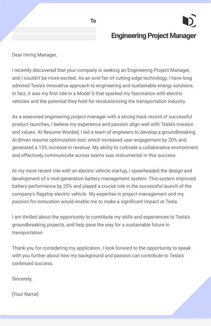 Engineering Project Manager Cover Letter