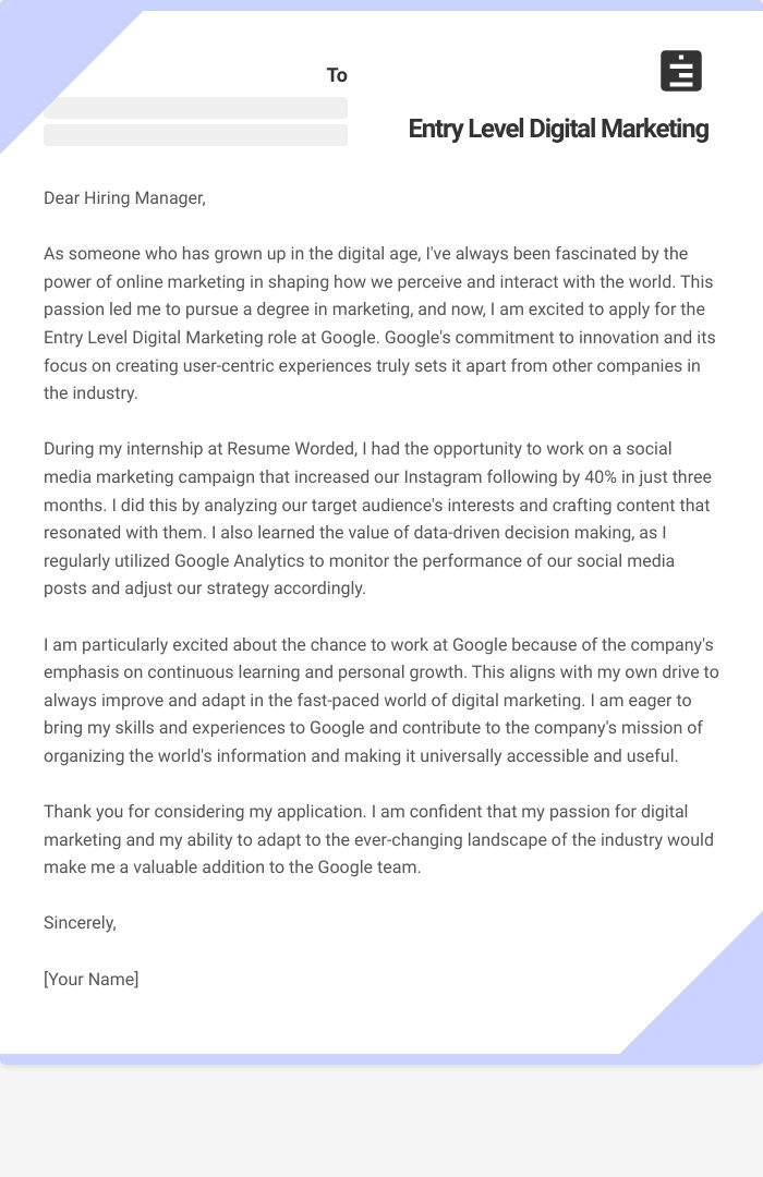 Entry Level Digital Marketing Cover Letter