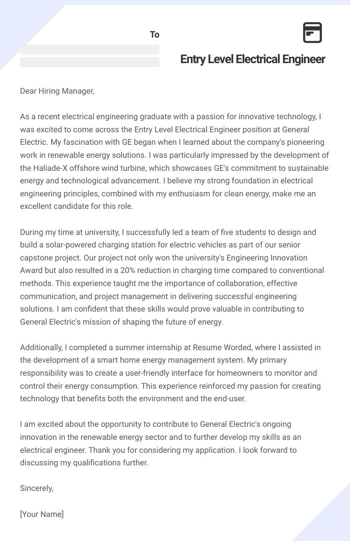Entry Level Electrical Engineer Cover Letter