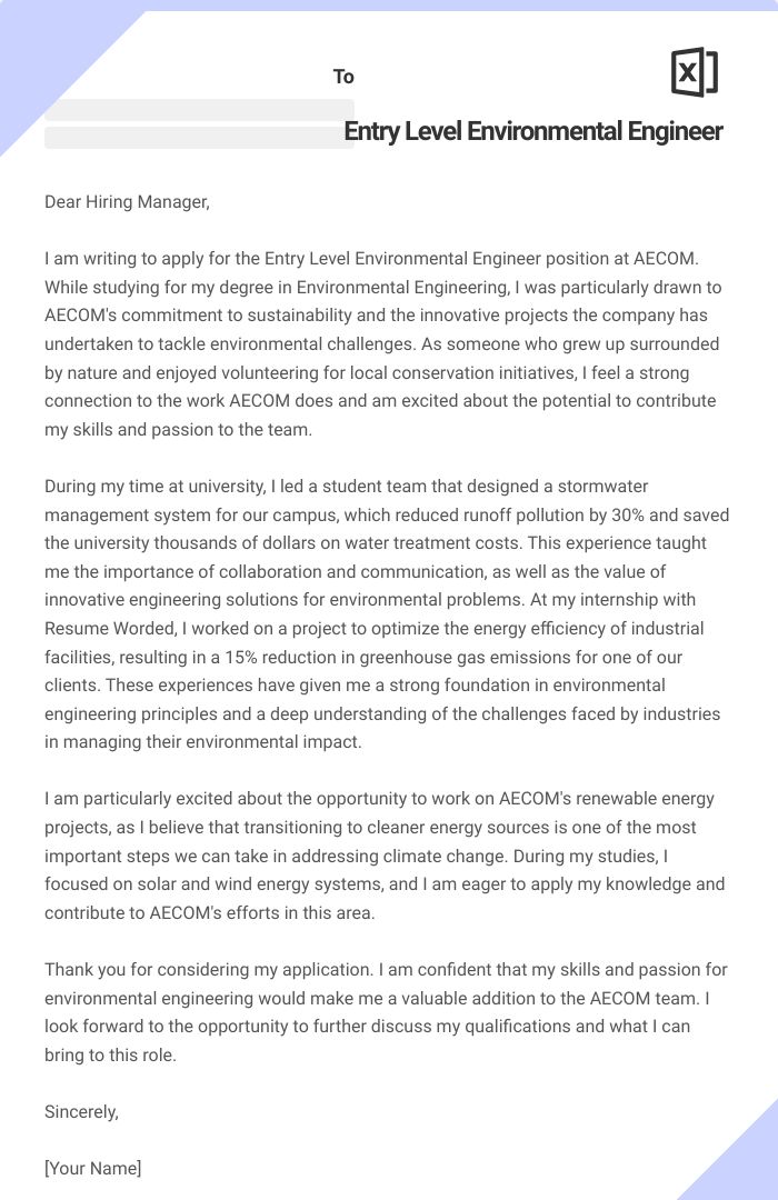 Entry Level Environmental Engineer Cover Letter