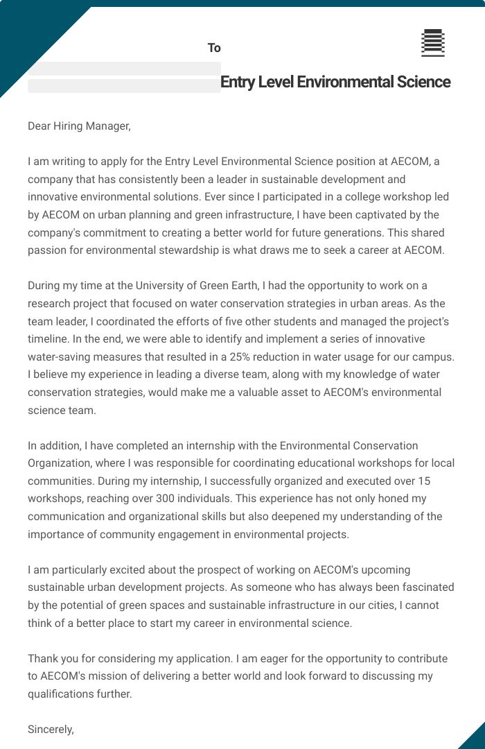 Entry Level Environmental Science Cover Letter