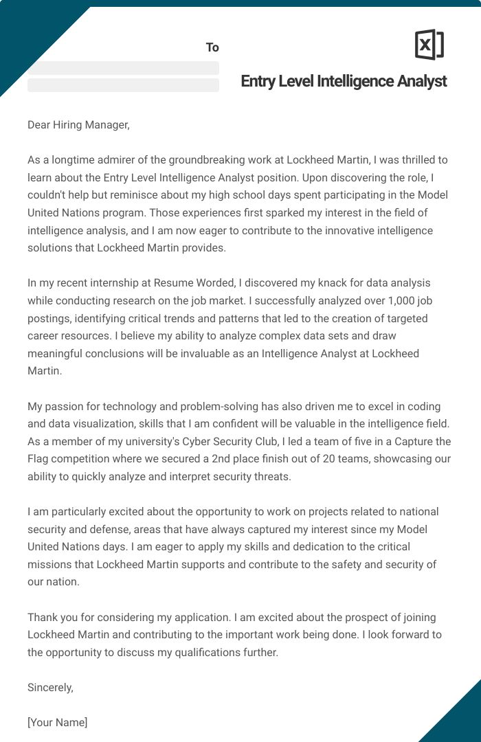 Entry Level Intelligence Analyst Cover Letter