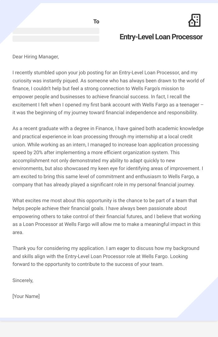 Entry-Level Loan Processor Cover Letter