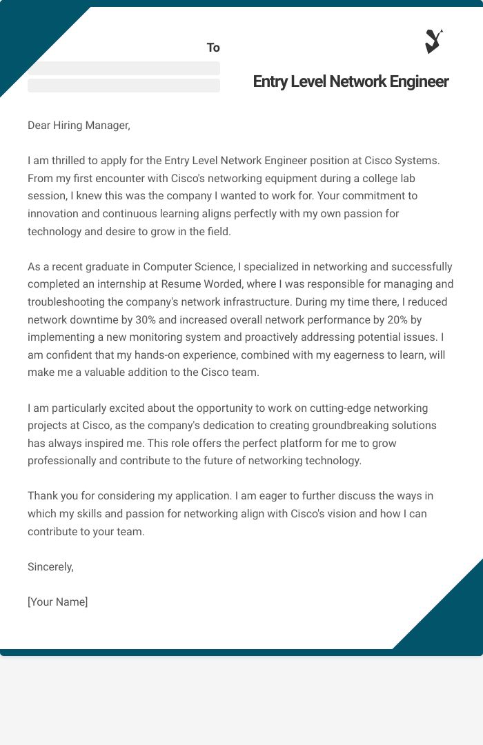 Entry Level Network Engineer Cover Letter