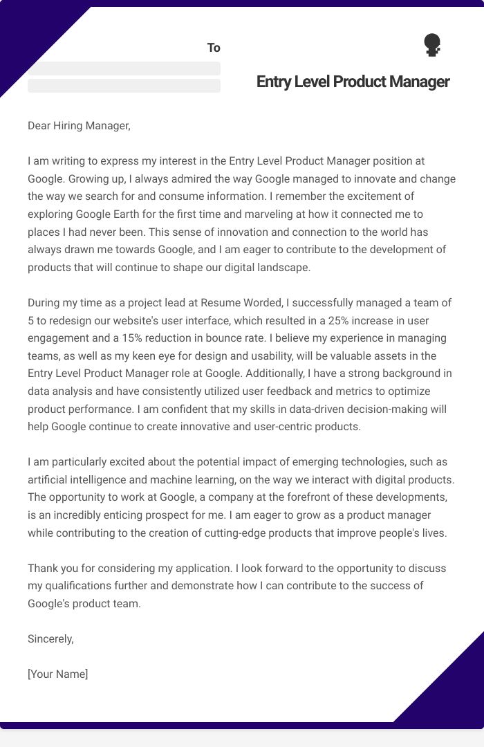 Entry Level Product Manager Cover Letter