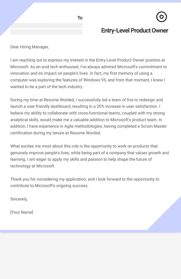 Entry-Level Product Owner Cover Letter