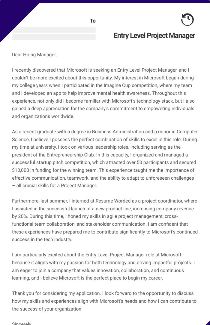 Entry Level Project Manager Cover Letter