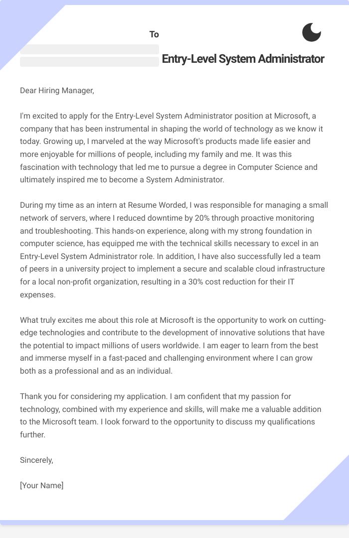 Entry-Level System Administrator Cover Letter