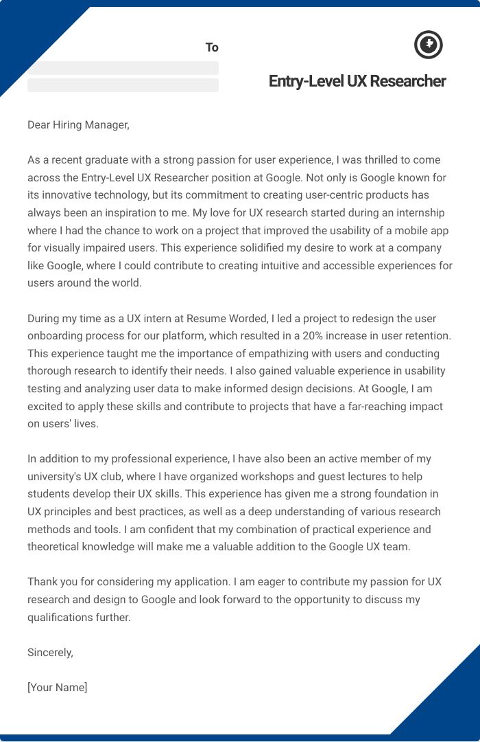 Entry-Level UX Researcher Cover Letter