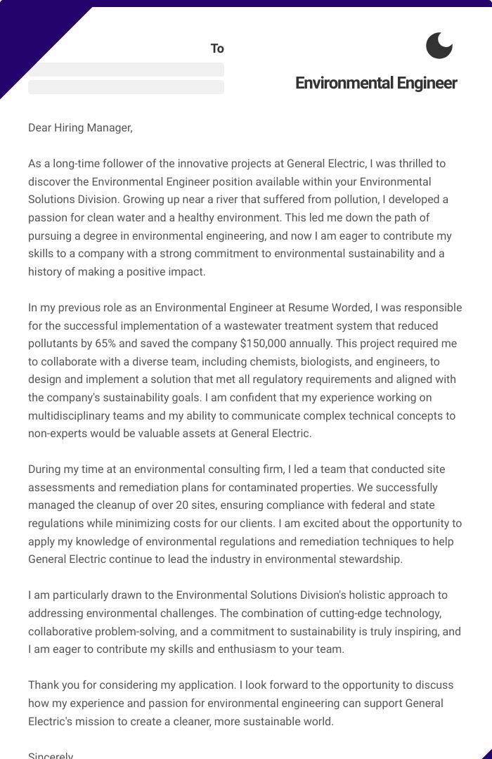 Environmental Engineer Cover Letter