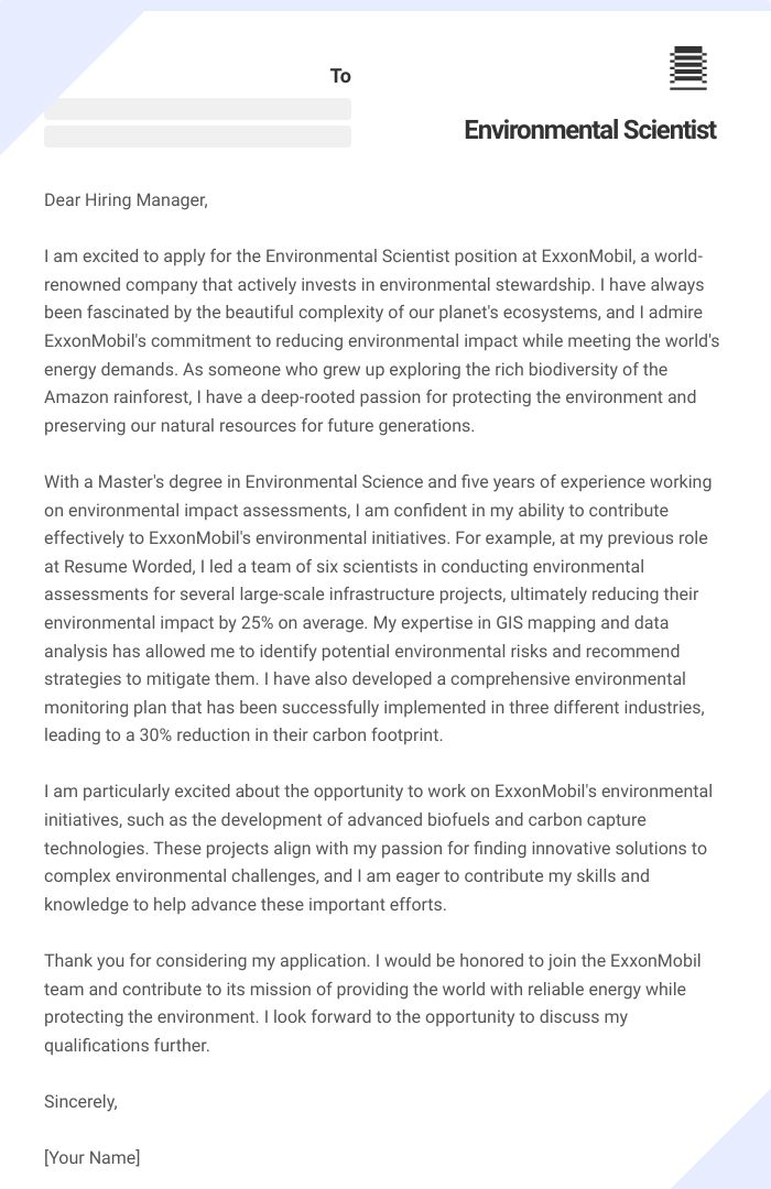 Environmental Scientist Cover Letter