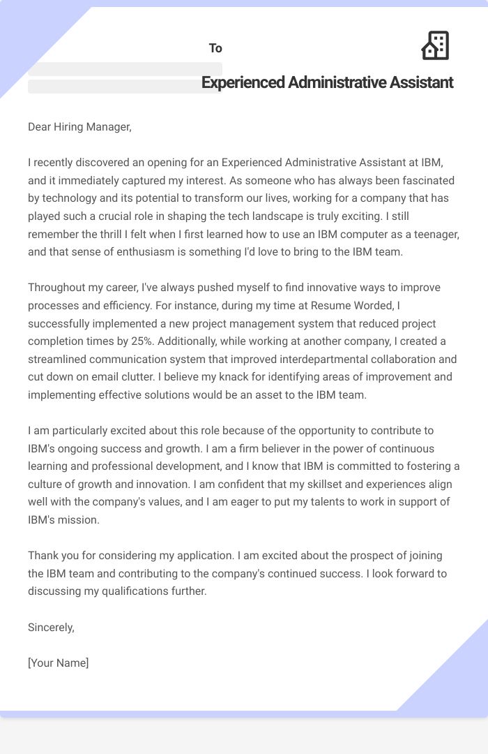 Experienced Administrative Assistant Cover Letter
