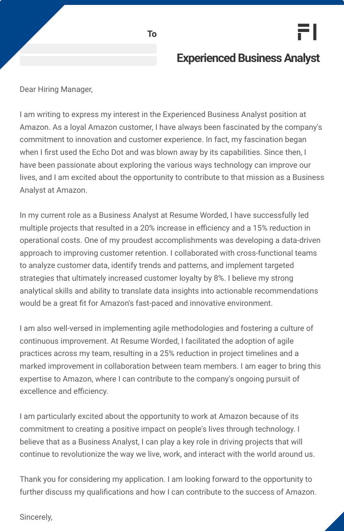 Experienced Business Analyst Cover Letter