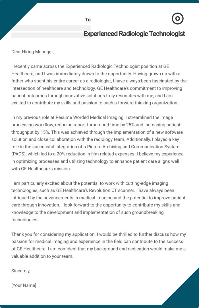 Experienced Radiologic Technologist Cover Letter