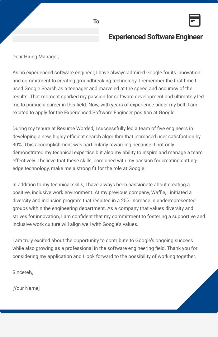 Experienced Software Engineer Cover Letter