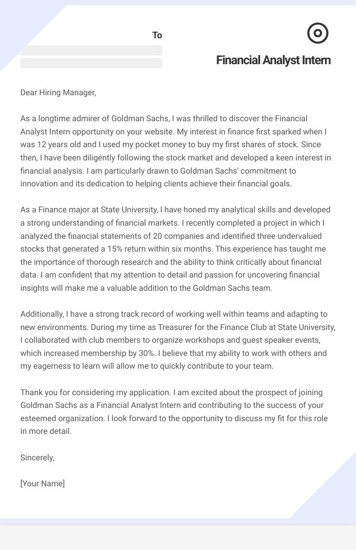 Financial Analyst Intern Cover Letter