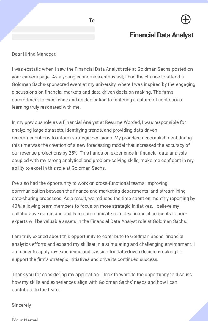 Financial Data Analyst Cover Letter