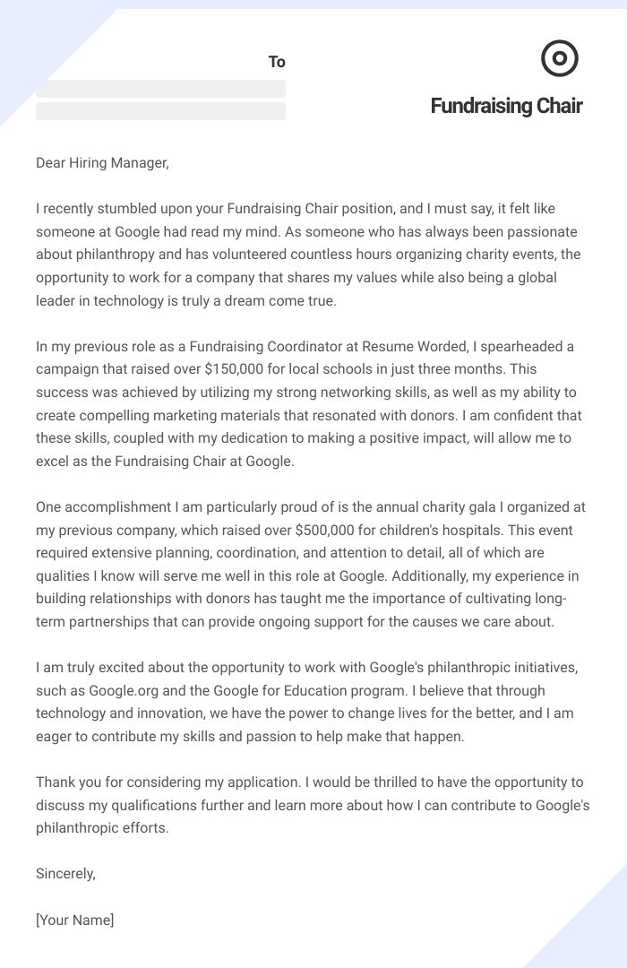 Fundraising Chair Cover Letter