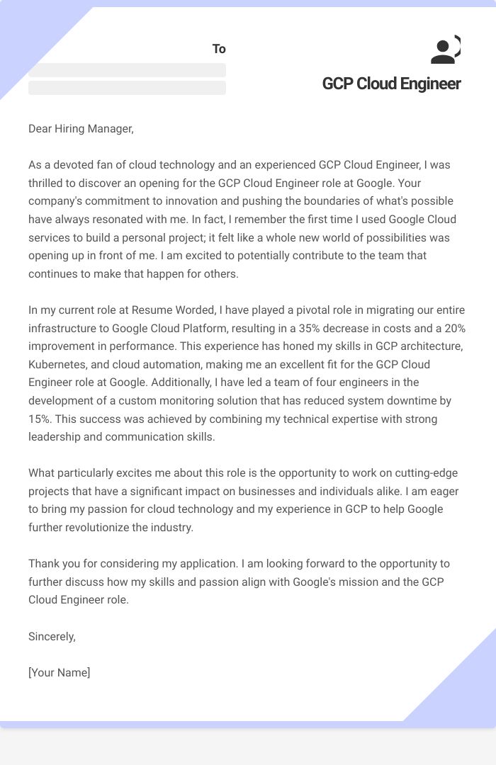 GCP Cloud Engineer Cover Letter