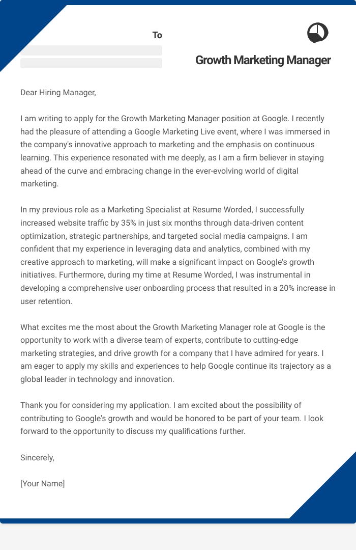 Growth Marketing Manager Cover Letter