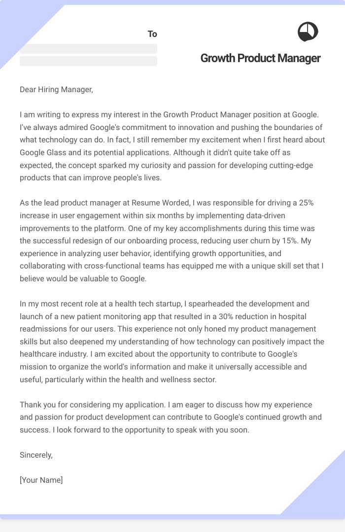 Growth Product Manager Cover Letter