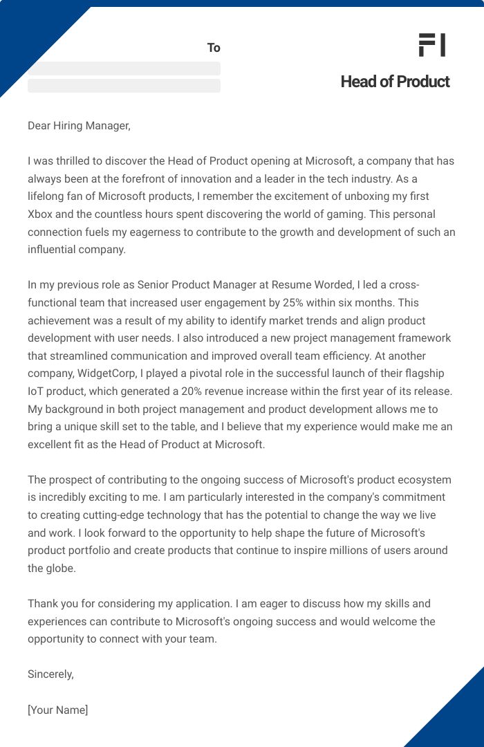Head of Product Cover Letter