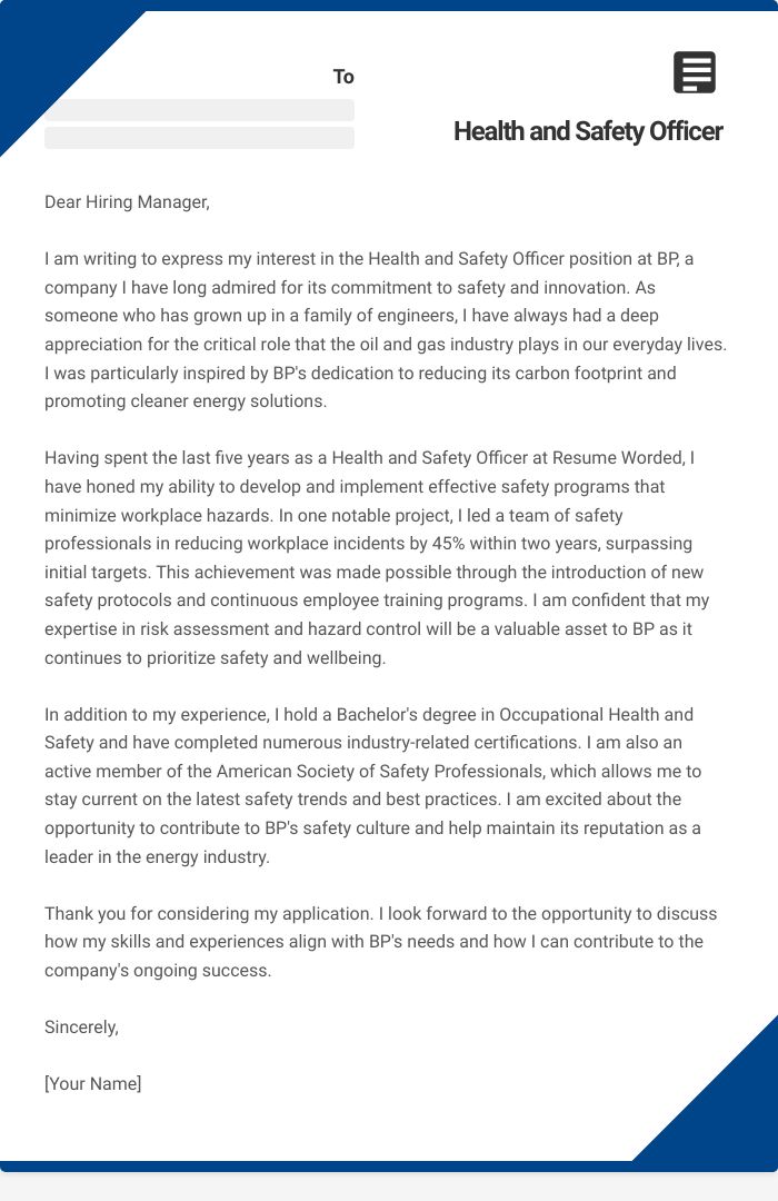 Health and Safety Officer Cover Letter
