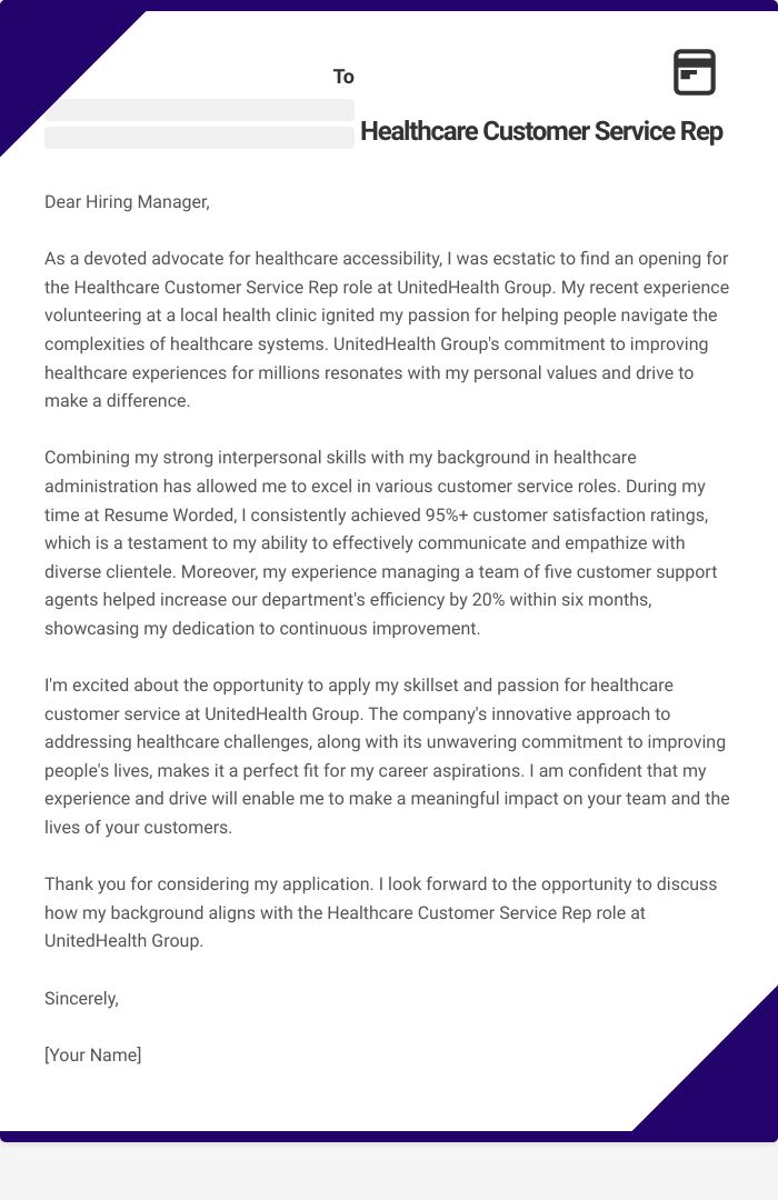 Healthcare Customer Service Rep Cover Letter