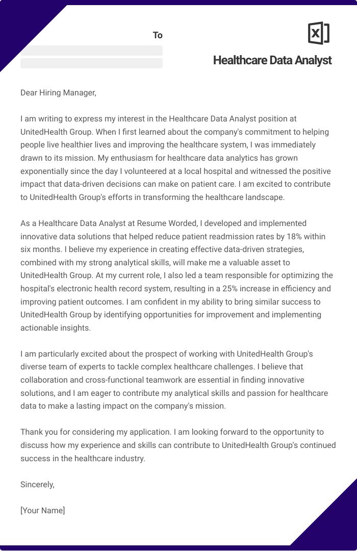 Healthcare Data Analyst Cover Letter