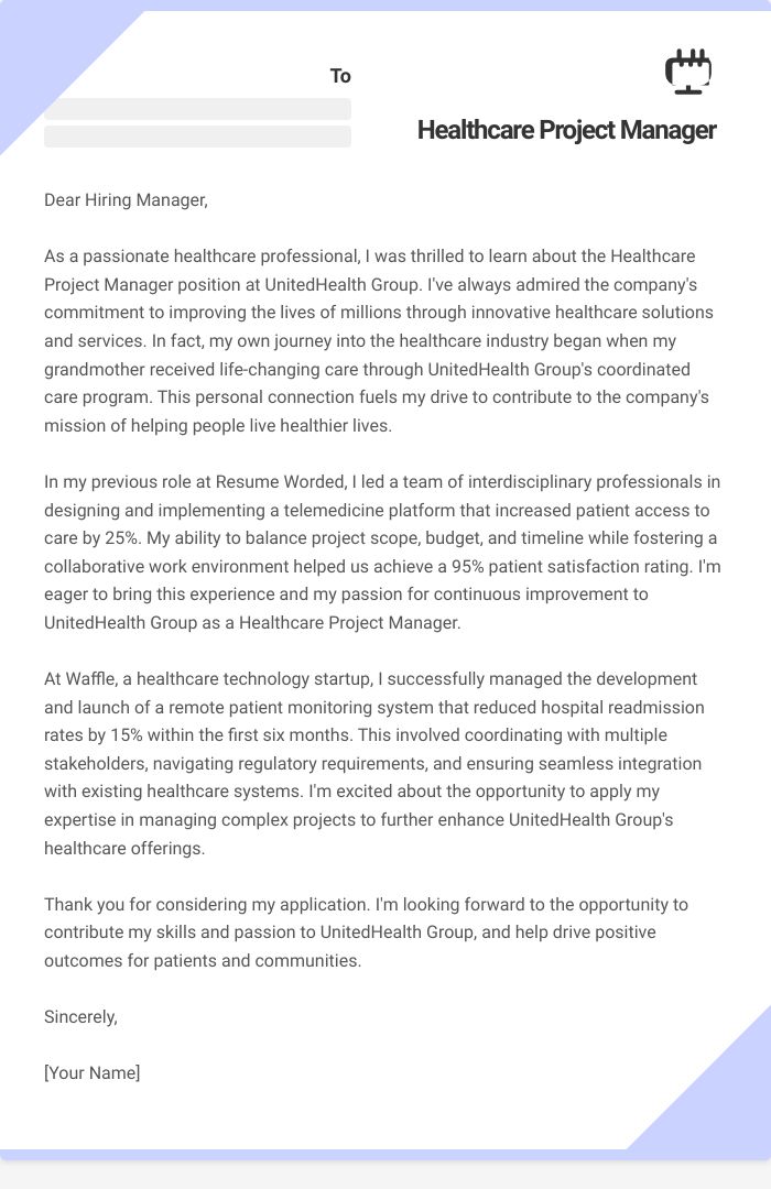 Healthcare Project Manager Cover Letter