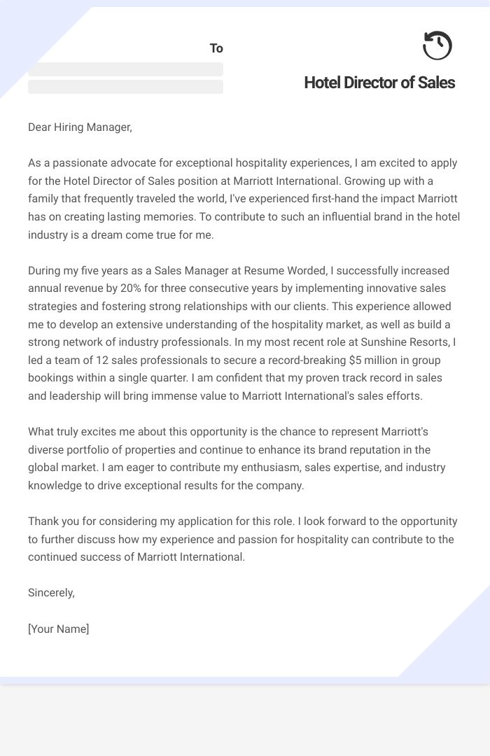 Hotel Director of Sales Cover Letter