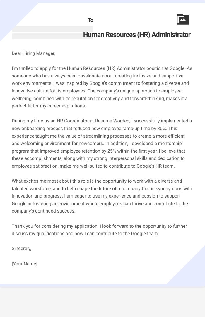 Human Resources (HR) Administrator Cover Letter