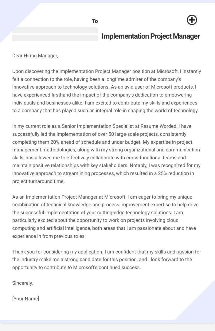 Implementation Project Manager Cover Letter