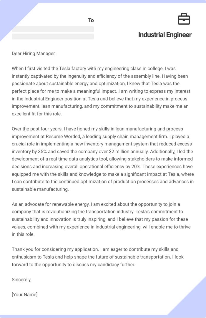 Industrial Engineer Cover Letter