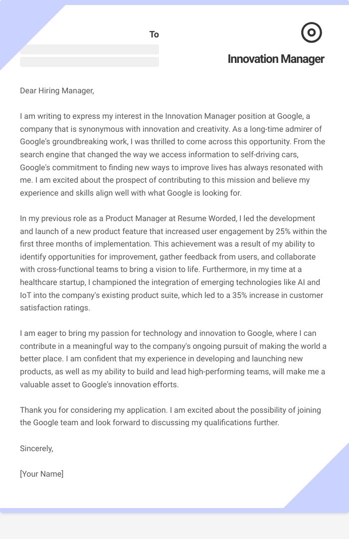 Innovation Manager Cover Letter