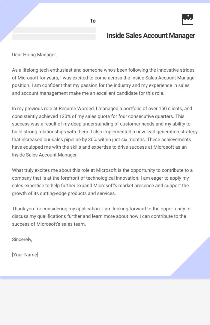 Inside Sales Account Manager Cover Letter