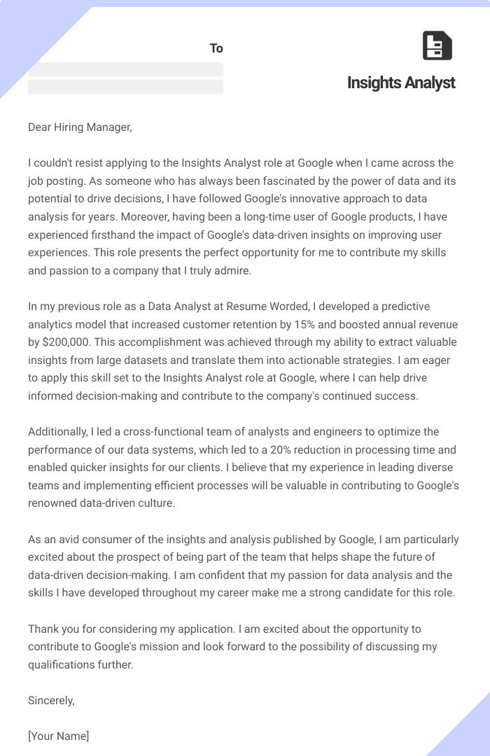 Insights Analyst Cover Letter
