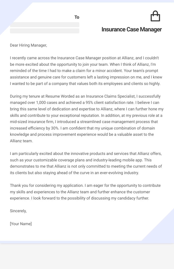 Insurance Case Manager Cover Letter