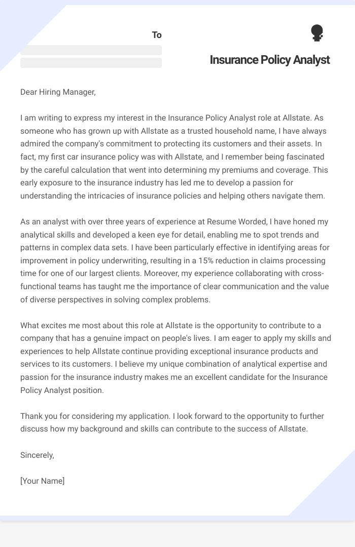 Insurance Policy Analyst Cover Letter
