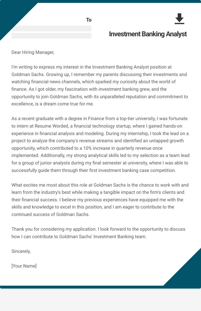 Investment Banking Analyst Cover Letter