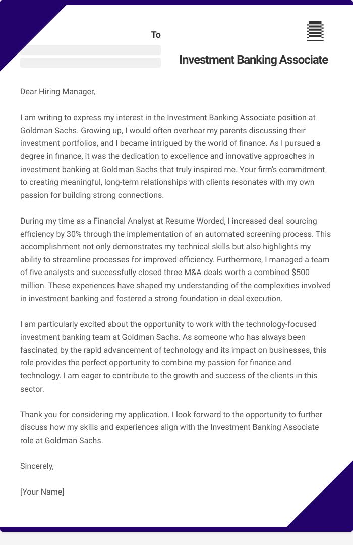 Investment Banking Associate Cover Letter