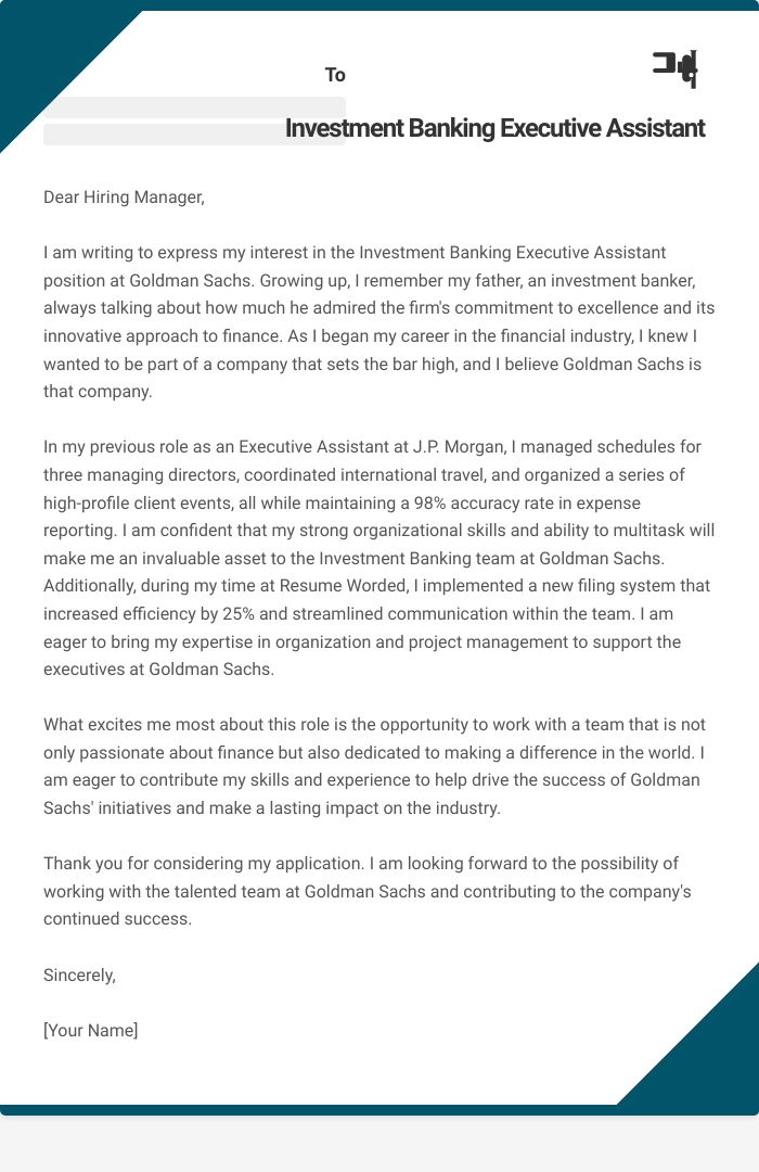 Investment Banking Executive Assistant Cover Letter