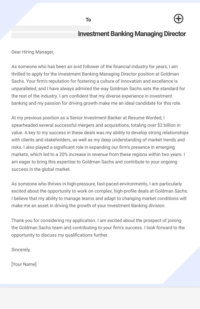 Investment Banking Managing Director Cover Letter