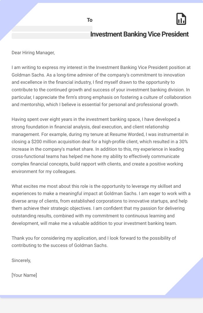 Investment Banking Vice President Cover Letter