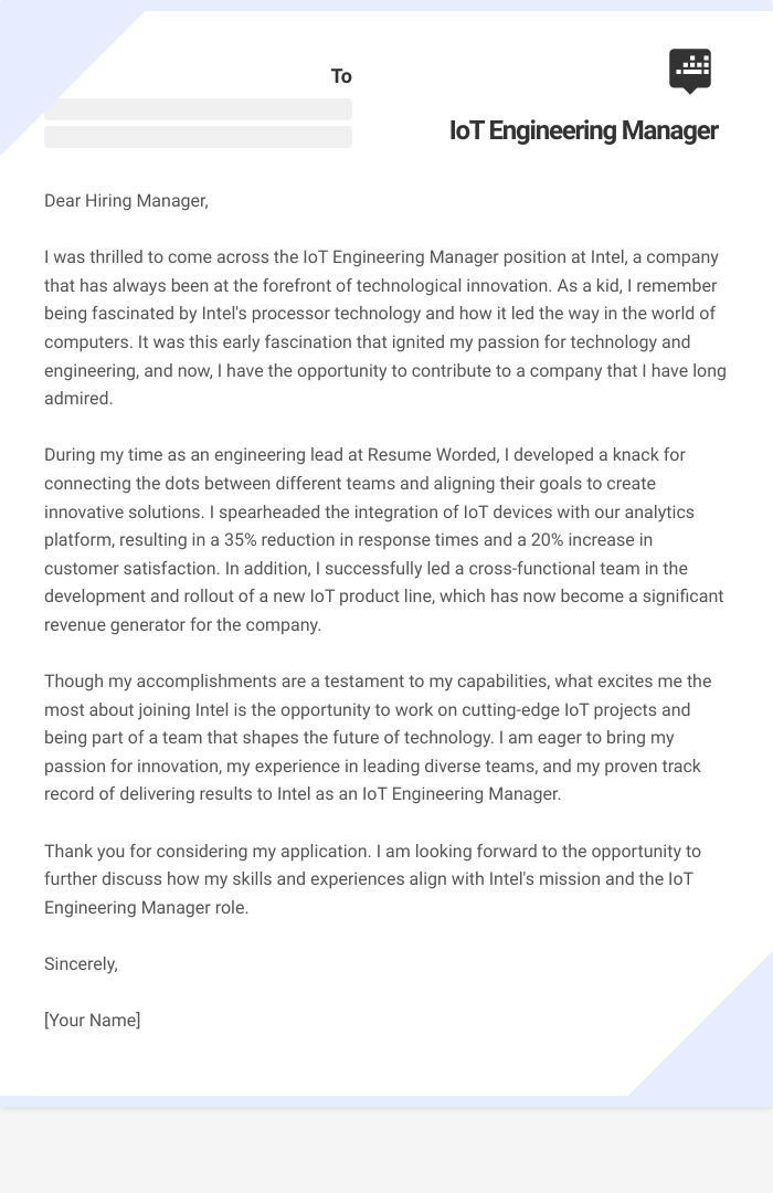 IoT Engineering Manager Cover Letter