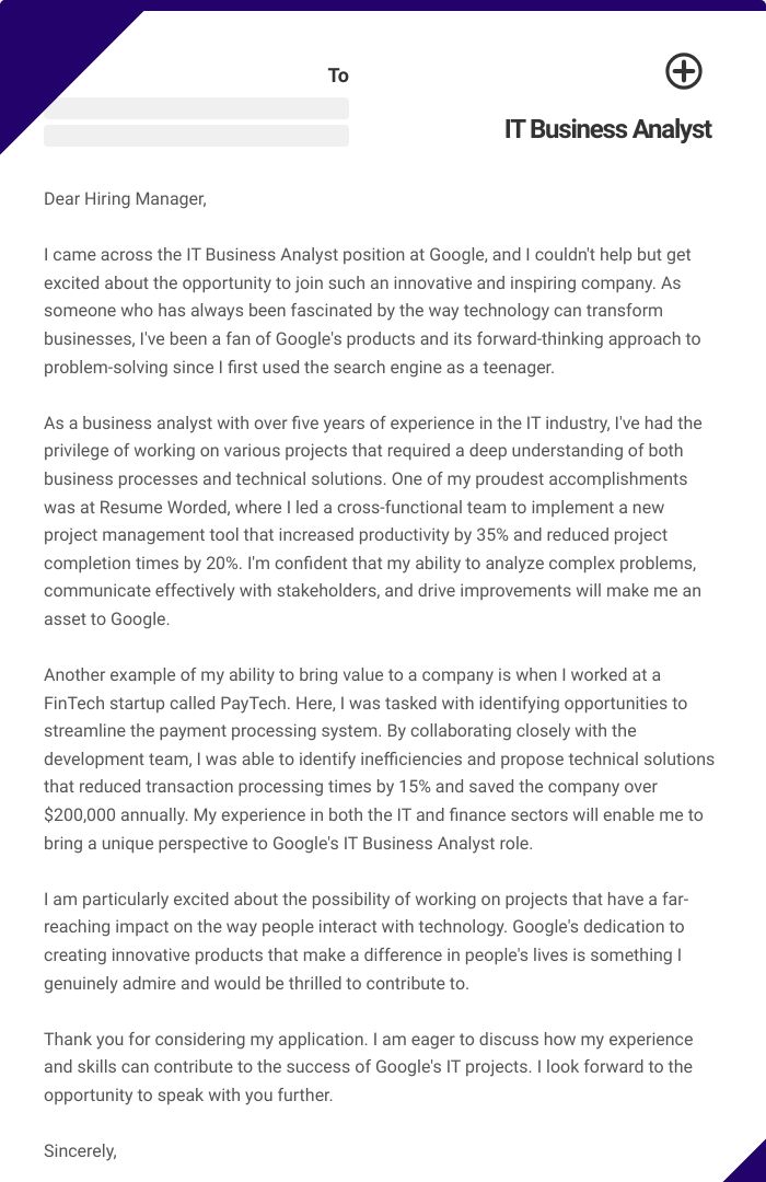 IT Business Analyst Cover Letter