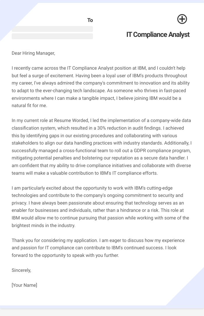 IT Compliance Analyst Cover Letter