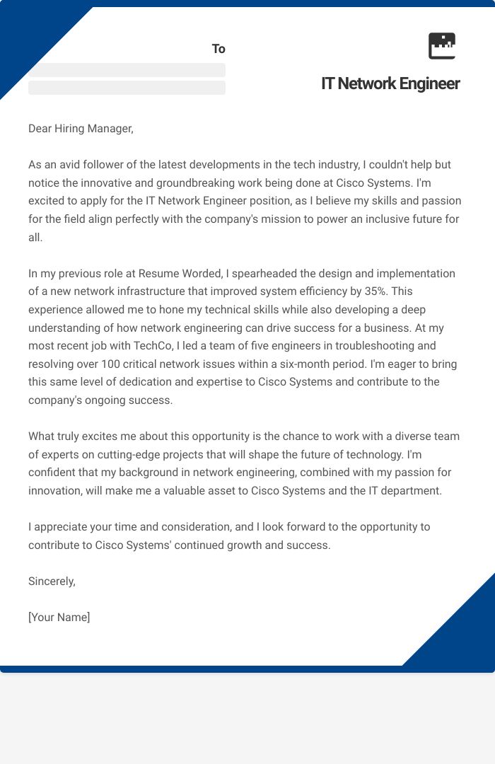 IT Network Engineer Cover Letter